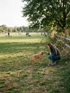 Puppy observing other dogs from a safe distance beside its owner.