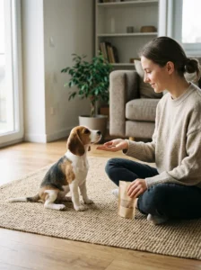 Owner practising gentle puppy training at home with small treats.