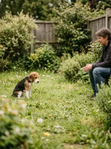 Puppy turning away to communicate discomfort during socialisation.