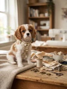 Puppy wearing an adjustable handmade fabric harness