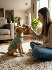 Small puppy wearing a lightweight fleece sweater indoors Copy prompt