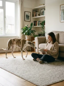 Rescue dog choosing to approach its owner while the owner sits quietly reading.