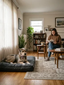 Rescue dog resting in a quiet room while its new owner gives it space.