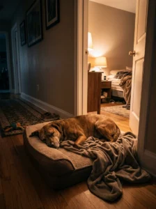 Rescue dog resting on its own bed near its owner's bedroom on the first night.