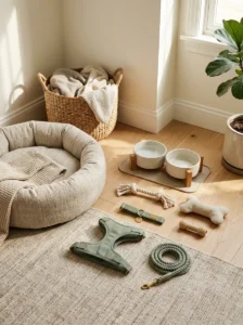 Dog bed, water bowl, harness, ID collar, and leash prepared for a newly adopted rescue dog.