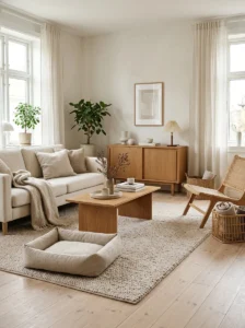 Neutral dog bed furniture styled with a cream sofa, oak accents and beige decor.
Copy alt text