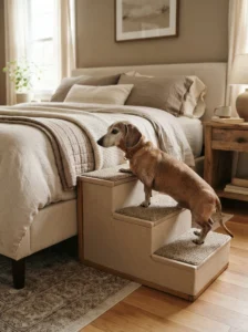 Senior Dachshund using dog steps beside a bed