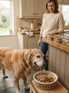 Senior Golden Retriever eating a measured homemade meal