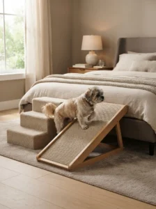 Small senior dog beside DIY bed steps and a gentle ramp