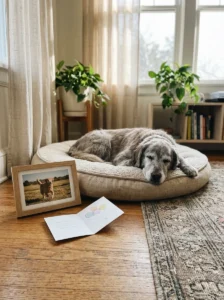 Senior dog beside a favorite photograph and birthday card for a heartfelt dog birthday memory.