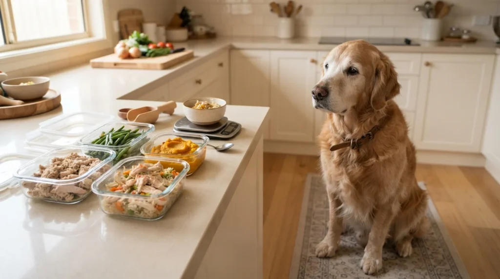 Senior dog beside measured homemade meals prepared for a diabetic dog