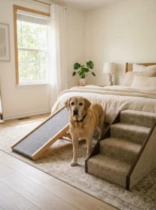 Senior dog beside DIY stairs and a gentle ramp for bed access