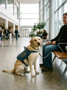 Service dog wearing a working vest while sitting calmly beside its handler
