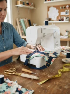 Fabric dog harness being sewn with webbing and metal hardware