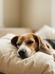 Sleepy beagle resting on a cushion for a personalized dog wallpaper.