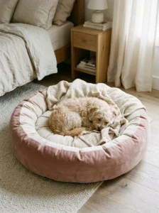 Small dog resting comfortably on a plush pink velvet dog bed