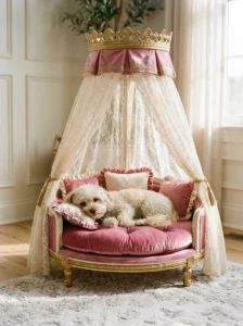 Small dog relaxing in a pink princess-style bed with a canopy