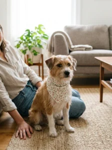 Small dog wearing a lightweight floral bandana for a photo session
Copy prompt