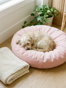 Small dog curled up on a soft pink cushion beside a cozy blanket