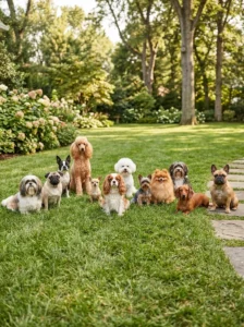 Group portrait of 12 small dog breeds with different coat types and appearances.
