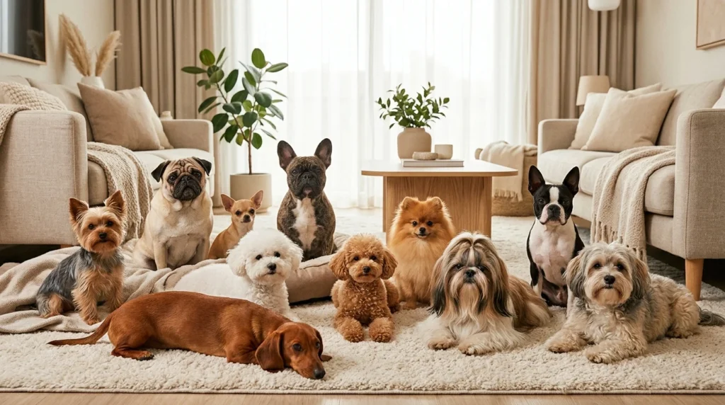 Small dog breeds including a Chihuahua, French Bulldog, Dachshund and Pomeranian.