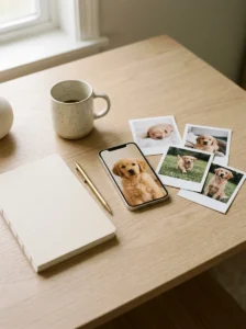 Puppy phone wallpaper beside printed photographs of a dog at different ages.