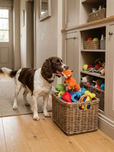 Dog toy rotation system with squeaky toys stored in a basket