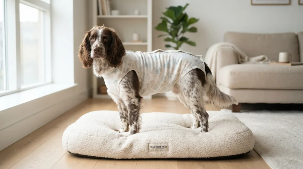 Spaniel wearing a soft DIY dog surgery recovery suit after surgery