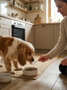 Spaniel eating a small amount of plain yogurt with its regular meal