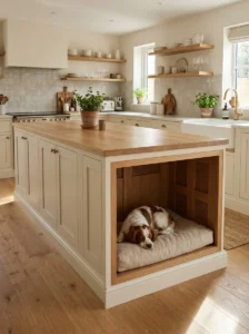 Spaniel resting in a finished built-in dog bed beneath a kitchen island.
Copy alt text
