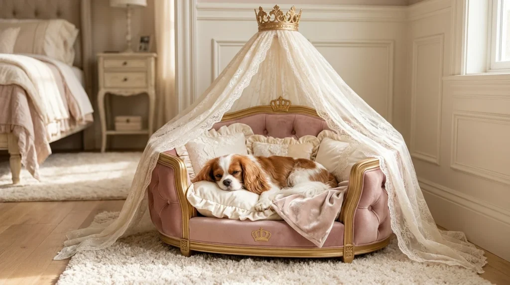 Spaniel relaxing in a pink velvet princess dog bed with a lace canopy