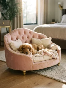 Spaniel relaxing in a blush-pink princess dog bed with cream cushions