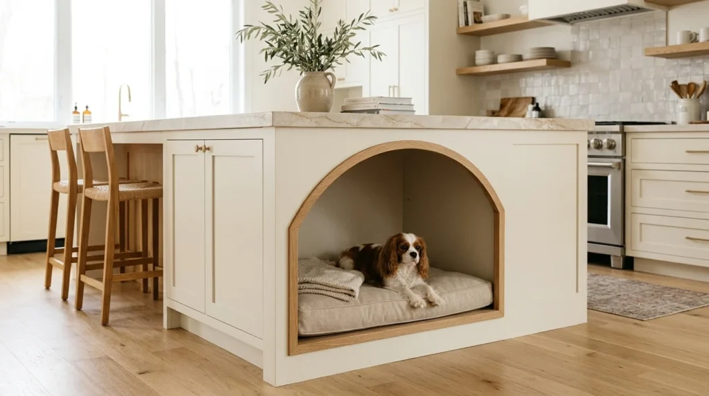 Built in dog bed beneath a kitchen island with a cozy beige cushion.