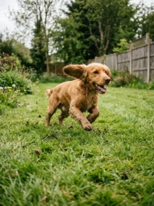 Happy spaniel running with muddy paws and flying ears during a candid photo session.