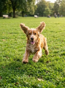 Happy spaniel running during fetch, inspiring a playful dog lockscreen photo.