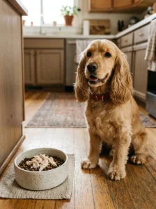 Spaniel beside kibble topped with a small amount of plain shredded cooked chicken.