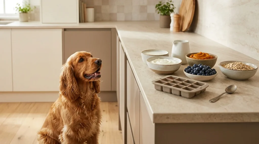 Dog beside homemade probiotic food ingredients including yogurt, kefir and pumpkin