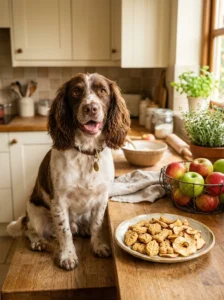 Spaniel waiting beside homemade apple dog treats in a kitchen