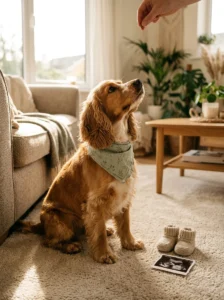 Spaniel practicing a calm pose with a treat during a pregnancy announcement photoshoot.
