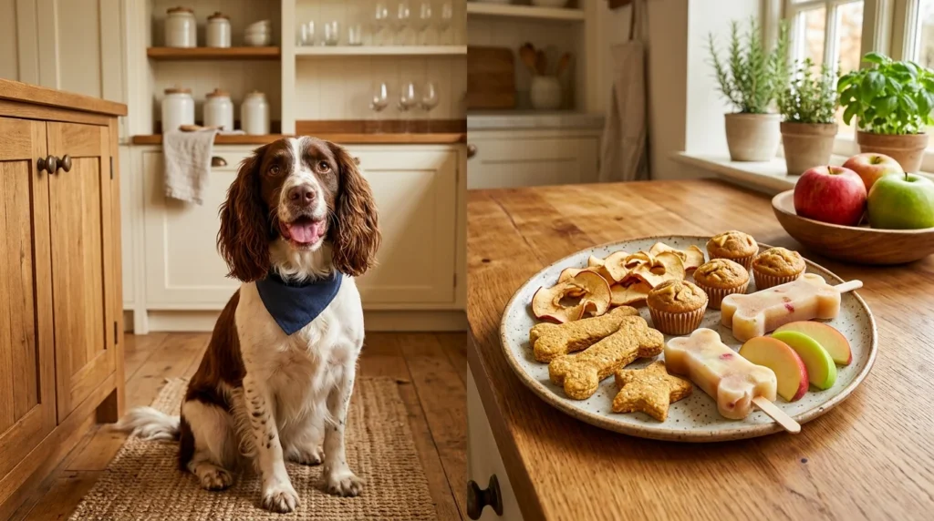 Homemade apple dog treats with fresh apples in a cozy kitchen