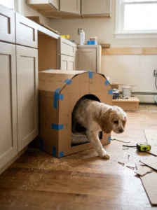 Spaniel testing a cardboard mock-up for a built-in dog bed nook.
Copy alt text