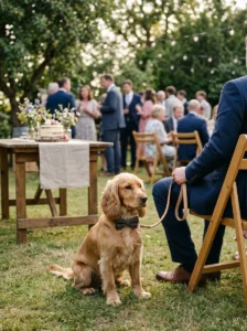 Create a realistic, informative editorial photograph of a small dog sitting beside its owner in a calm wedding venue corner, with a fresh water bowl and a small plain dog-safe cake placed safely nearby. In the softly blurred background, show wedding tables and floral arrangements kept out of the dog's reach. Emphasize responsible pet supervision, hydration, and a quiet place to rest. Natural daylight, clean neutral styling, realistic details, no dangerous food within reach, no text, no warning symbols, no logos, no watermark. Wide 16:9 horizontal composition.