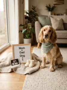 Spaniel beside baby shoes, an ultrasound photo and props for a pregnancy announcement.