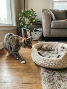 Cat discovering a new crochet bed with a familiar blanket