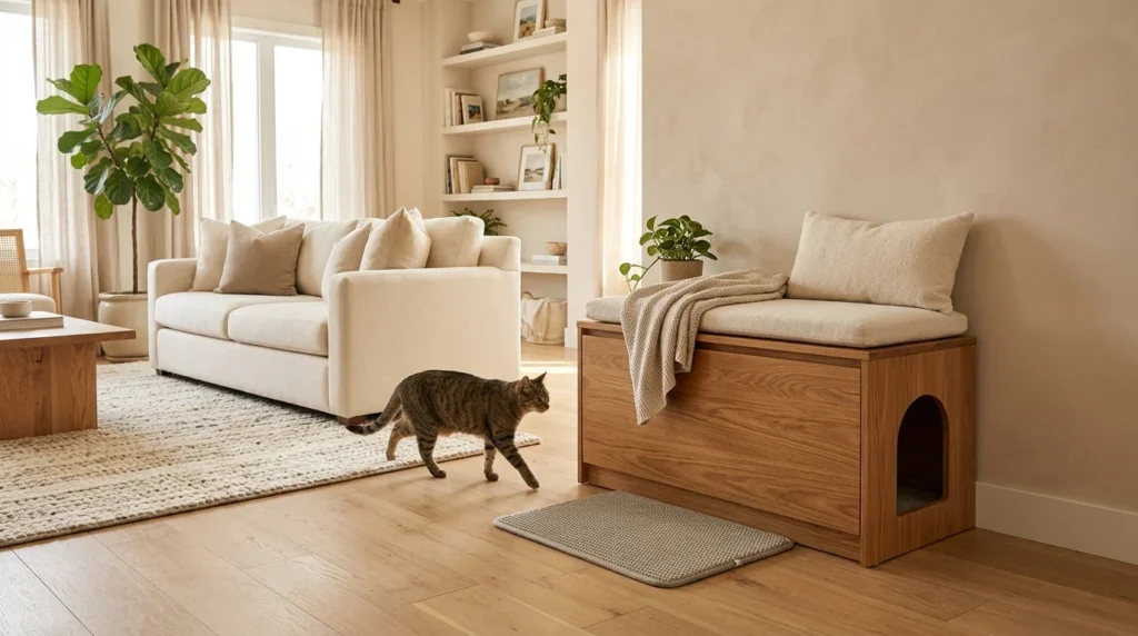 DIY cat litter box enclosure disguised as a stylish storage bench