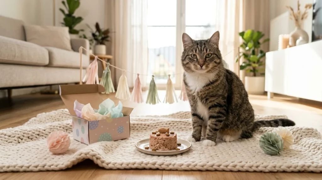 Tabby cat enjoying a cozy birthday party with a small cat-safe cake