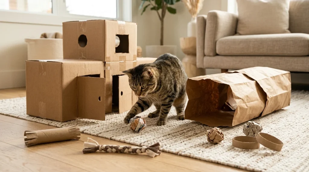 Tabby cat playing with homemade toys including a cardboard box and crinkle ball