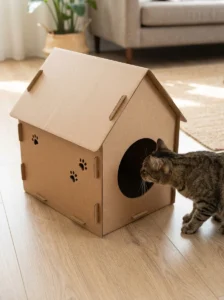 Safely constructed cardboard cat house with smooth edges and clean materials