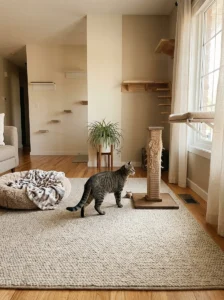 Cat choosing between a cozy bed, scratching post, and window perch