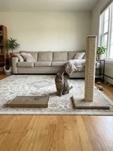 Cat choosing between vertical and horizontal scratching surfaces
